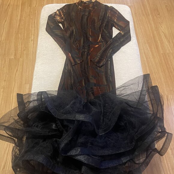 Mermaid-Style Sheer Fall Midi Dress with Black Mesh Sheer Ruffle Hem - Picture 1 of 16